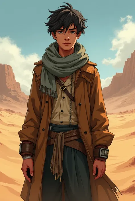 A 20-year-old boy, worn clothes, gray scarf and expensive, serious in a dystopian desert world with an art style similar to wakfu.