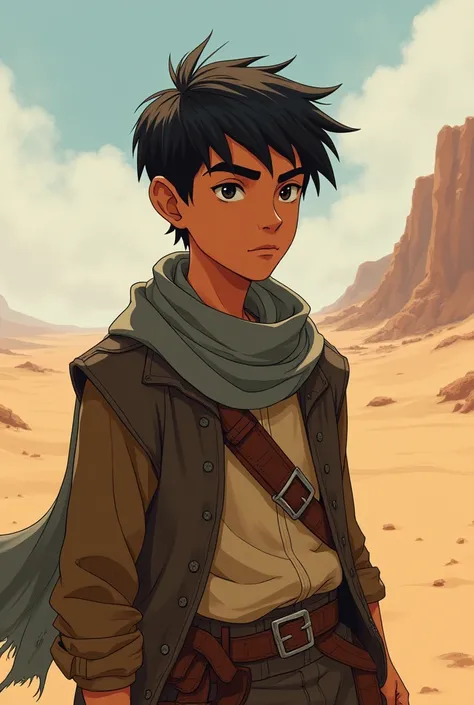 A 20-year-old boy, worn clothes, gray scarf and expensive, serious in a dystopian desert world with an art style similar to wakfu.