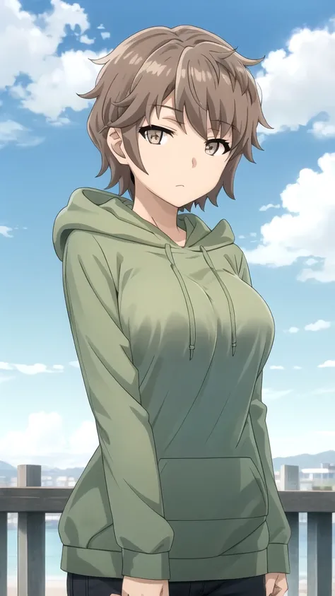 Masterpieces, Best Quality, girl, looking at viewer, azusagawa sakuta, solo, brown hair, brown eyes, large breasts, cloud, blue sky, closed mouth, green hoodie, outdoors, long sleeves, hood down,