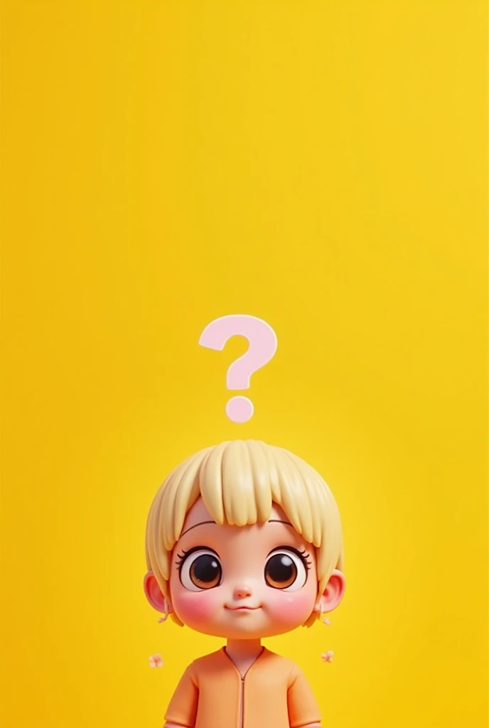 Create an image with a cute celebrity with a question mark over the head with the background all yellow, Make it in square size 