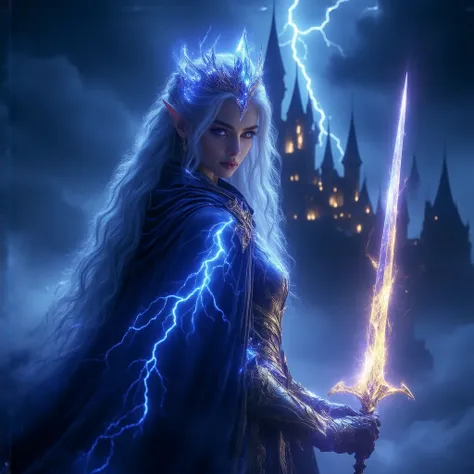 An enchanting realistic-style thunder elf queen standing gracefully in a majestic storm palace. She has long, flowing silver hair with vibrant streaks of electric blue and violet, adorned with intricate lightning-shaped tiaras and glowing crystal accessori...