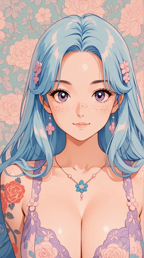 best quality, illustrator anime, A mesmerizing surreal illustration of a young japanese woman. blue hair, purple eyes, and wears a vibrant pastel colored outfit adorned with intricate floral patterns. Freckles dot her smooth, warm complexion, and bold, col...