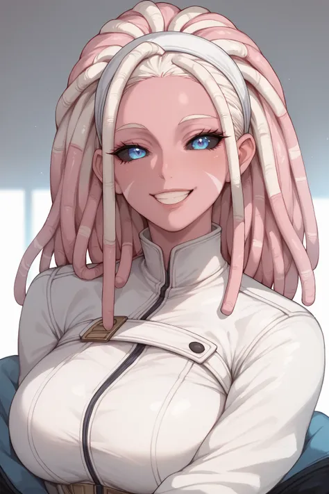 1 mature Woman, pink skin, White dreadlocks,blue eyes, black sclera, white stripes under the eyes,white jumpsuit, anime style, best quality, smiling,Bangs,white headband