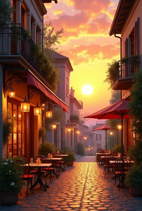 A cafe with tables in the front, vintage European style at a beautiful sunset 