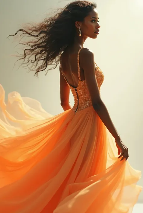 **A beautiful and gorgeous model with black skin and green eyes, wearing a beautiful and stunning evening gown in motion depicted in the serene style of soft pastel impressionism, with soft, diffused light and delicate gradients, evoking tranquility and dr...