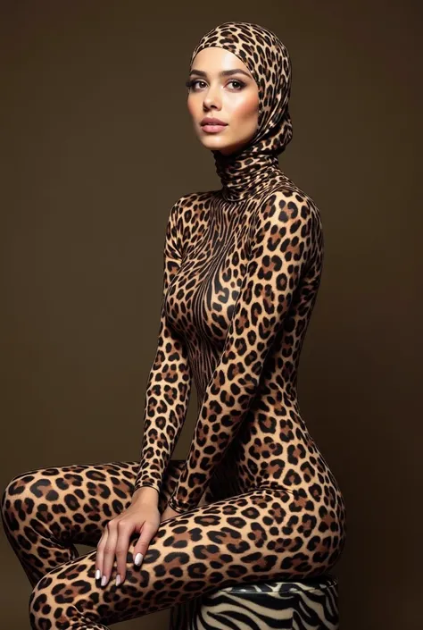 the most beautiful asian muslimah woman girl with beautiful muslimah cheeks wears leopard print lycra turtleneck unitard catsuit covered with black spots and leopard print lycra nylon inner hood-like swimming elasticity cap-like dancewear costume zentai ca...