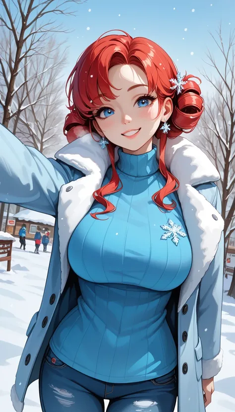 1girl, Ultra cute, ultra sexy, ultra feminine, ultra curvy, ultra bouncy, perfect eyes, perfect face, perfect breasts, perfect anatomy, ((Busty Bitches)), Korean girl, red hair, cheeky smile, traditional fur winter coat, ringlet blue shirt, blue designer d...