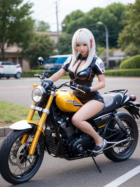 Cyborg Pretty Girl Mecha is driving a 、 large motorcycle mecha。