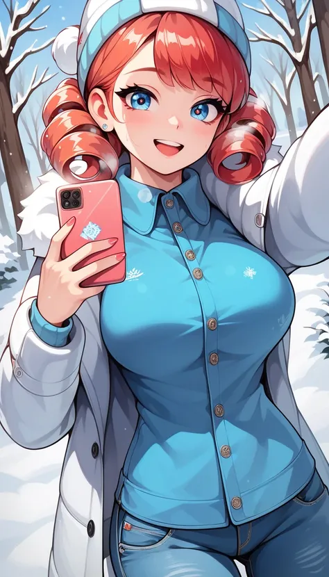 1girl, Ultra cute, ultra sexy, ultra feminine, ultra curvy, ultra bouncy, perfect eyes, perfect face, perfect breasts, perfect anatomy, ((Busty Bitches)), Korean girl, red hair, cheeky smile, traditional fur winter coat, ringlet blue shirt, blue designer d...