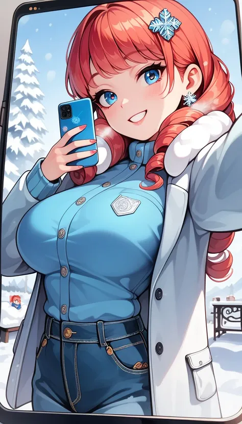 1girl, Ultra cute, ultra sexy, ultra feminine, ultra curvy, ultra bouncy, perfect eyes, perfect face, perfect breasts, perfect anatomy, ((Busty Bitches)), Korean girl, red hair, cheeky smile, traditional fur winter coat, ringlet blue shirt, blue designer d...