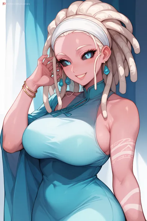 1 mature Woman, pink skin, White dreadlocks,blue eyes, black sclera, white stripes under the eyes,Cyan dress,
t, anime style, best quality, smiling,Bangs,white headband