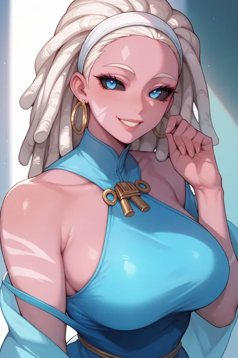 1 mature Woman, pink skin, White dreadlocks,blue eyes, black sclera, white stripes under the eyes,Cyan dress,
t, anime style, best quality, smiling,Bangs,white headband