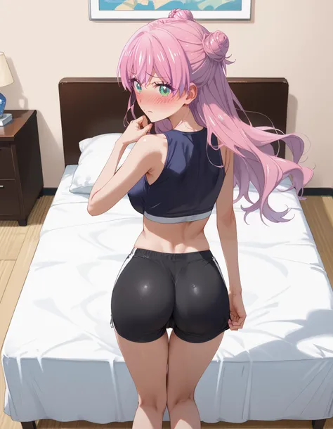 AkariWatanabe, akari, green eyes, pink hair, long hair, (cone hair bun:1.5), bangs, photorealistic, detailed coloring, anime style, detailed high quality, ultra detailed quality skin, detailed ray tracing lighting, masterpiece、 best quality、masterpiece, hi...