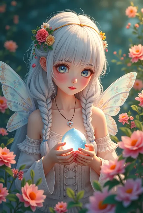 An enchanting anime-style illustration features a fairy-**** figure with exquisite, intricate wings. She has fluffy, cascading white long hair, captivating gray-blue eyes, radiant fair skin, and delicate red lips, exuding an ethereal charm. Nestled amidst ...