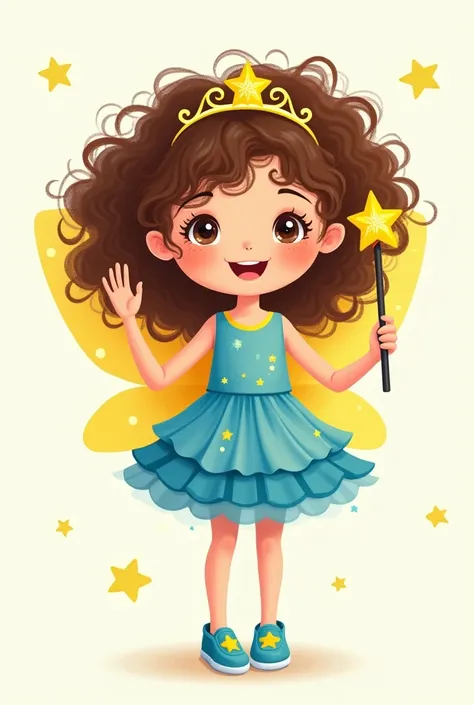 Minimalist book illustration of a beautiful  curly brown hair with loose threads and a beautiful shiny star tiara. Eyes open and happy with radiant smile , her cheeks are lightly blushed with few freckles , Do you wear a fairy costume .  Her dress is short...