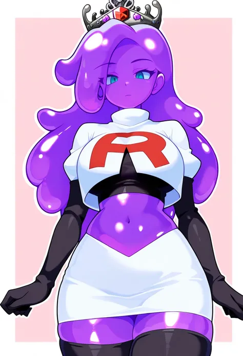 masterpiece, best quality, 1girl, solo, looking at viewer, queenslime, long hair, crown, colored skin, slime girl, large breasts, curvy, purple hair, team rocket,team rocket uniform,white skirt,red letter R,crop top,black thigh-highs,black elbow gloves, co...