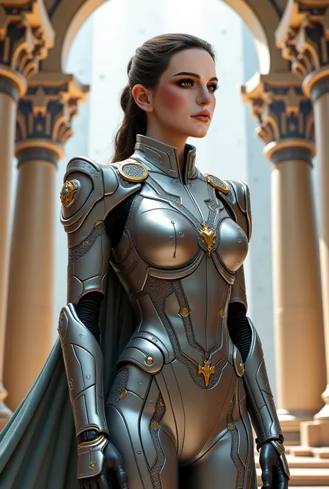 Draw this face with future world style royal silver colour military uniform for female for a princess with cloak and she is standing in the Palace of future world, don’t draw body-suit