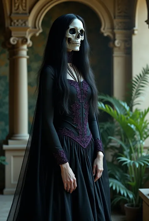 Create realistic image of a woman with a skull face,  straight long black hair , wearing long black period dress with purple details in a beautiful setting