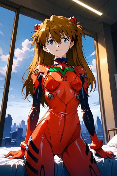 asuka_langley,1 female,solo,looking at the scenery,smile,
I_,wet brown hair,viewer,blue eyes,long hair,hair between the eyes,beautiful eyes,more detailed hair,
red plug suit,red bodysuit,pilot suit,
portrait,background,day,cloudy,city,face_concentration,c...