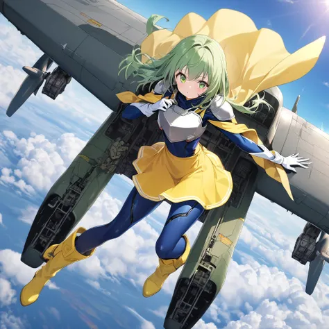 1girl, blue bodysuite, yellow cape, yellow skirt, yellow apron, yellow long boots, white long glove, cyborg years, silver shoulder protector, silver breastplate, silky long green hair, green eyes, on B-2 bomber in the sky, full body