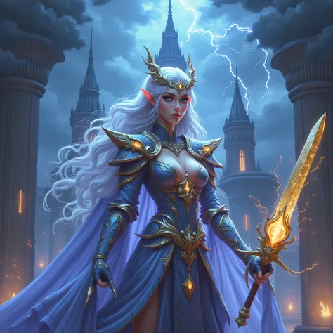 An enchanting realistic-style thunder elf queen standing gracefully in a majestic storm palace. She has long, flowing silver hair with vibrant streaks of electric blue and violet, adorned with intricate lightning-shaped tiaras and glowing crystal accessori...