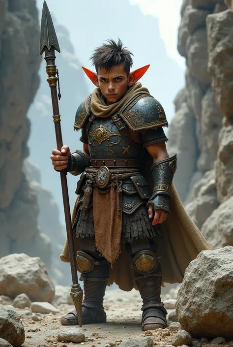 Adult male gnome warrior, thin, young, wearing armor, armed with a spear, rocky background