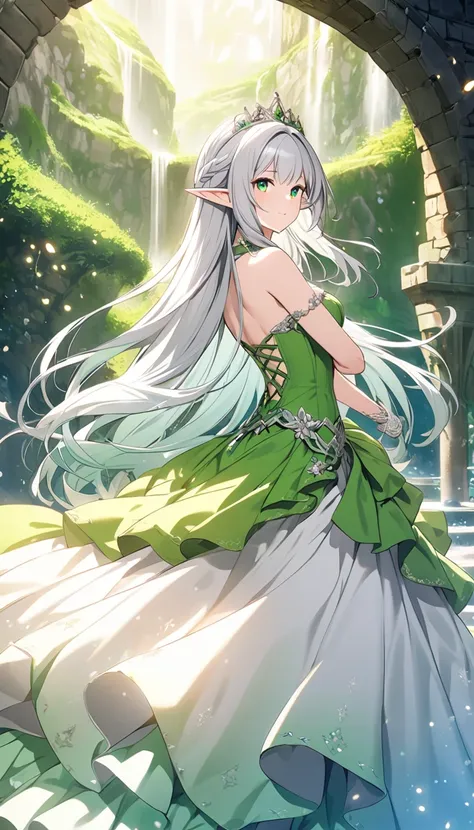 Elf,Princess Dress(green), Silver Hair, long hair,fantastic background