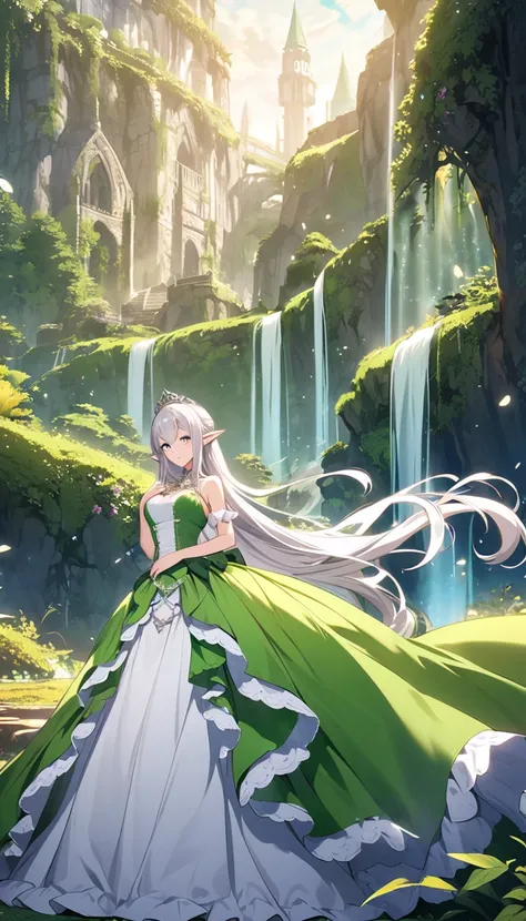 Elf,Princess Dress(green), Silver Hair, long hair,fantastic background