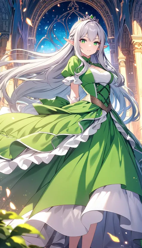 Elf,Princess Dress(green), Silver Hair, long hair,fantastic background