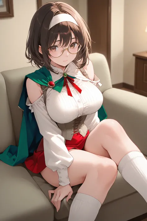 １woman　24 years old　 living room sofa　chiffon bob 　　 black brown hair　 white headband　 round frame glasses with small strap　 brown eyes　Big Breasts　white shoulder cape　grey corset　red and green short tie　White long sleeve blouse　 red mini skirt　 white knee...