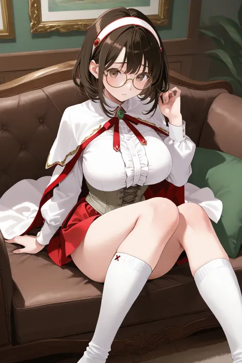 １woman　24 years old　 living room sofa　chiffon bob 　　 black brown hair　 white headband　 round frame glasses with small strap　 brown eyes　Big Breasts　white shoulder cape　grey corset　red and green short tie　White long sleeve blouse　 red mini skirt　 white knee...