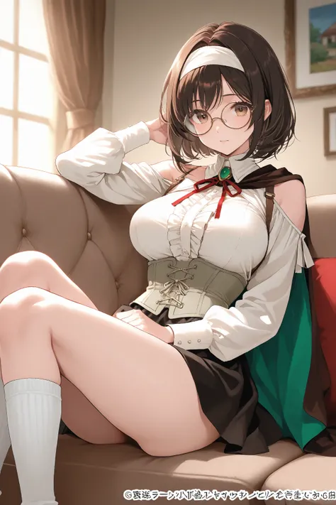 １woman　24 years old　 living room sofa　chiffon bob 　　 black brown hair　 white headband　 round frame glasses with small strap　 brown eyes　Big Breasts　white shoulder cape　grey corset　red and green short tie　White long sleeve blouse　 red mini skirt　 white knee...