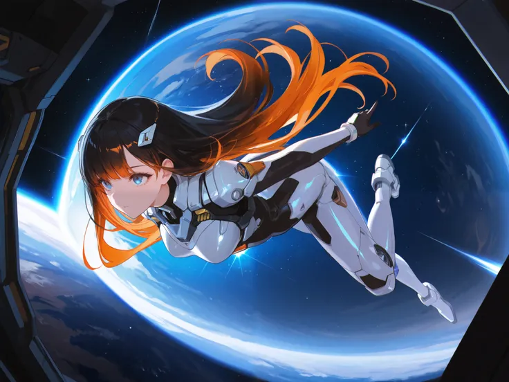 ( maximum resolution, Very Detailed , Best Quality ,precise, Masterpiece, Solo),1 woman, black hair,Shiny long hair ,Orange hair tip , bangs gradient from black to orange, blue eyes, black-eyed widow ,Look at the stars,Floating in Space ,gundamaerial, (...