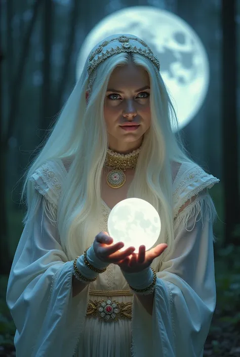 A Sorceress of Light, with typical magician and huntswoman's clothing,  with her face looking at the spectator with a mystical look. Demonstrating Your Power of Light and Divine Connection to the Moon. predominant color white