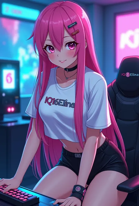 Prompt for Image: "An anime-style scene featuring IQ16Elina, with long, straight pink hair, exuding confidence while seated at a futuristic gaming setup. She's wearing a stylish white t-shirt with her name, 'IQ16Elina,' in a futuristic font and form-fittin...