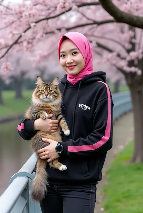 Beautiful white-skinned Korean woman, wearing a pink hijab, wearing a black knit hoodie with pink stripes, with the Widya logo, black jeans, boots, holding an Angora cat, wearing a watch, standing on a bridge, near a cherry tree, with a backdrop of bloomin...