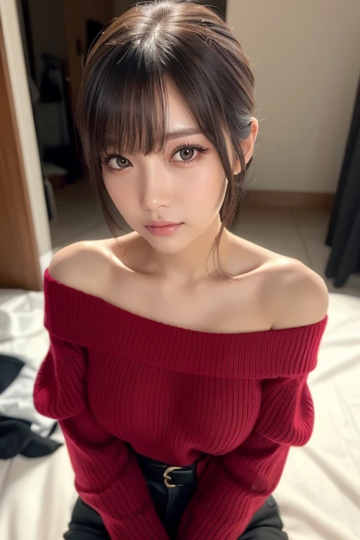 (( best quality, 8k, masterpiece: 1.3)),  sharp: 1.2,  perfect body beauty: 1.4,  slim abs: 1.2, ((Costume Change:1.2、 big breasted : 1.2)), (((  ribbed sweater:1.3,  off-the-shoulder sweater))),  shorts:1.2,  shoulder out, ((( Underbob : 1.1))),  close-up...