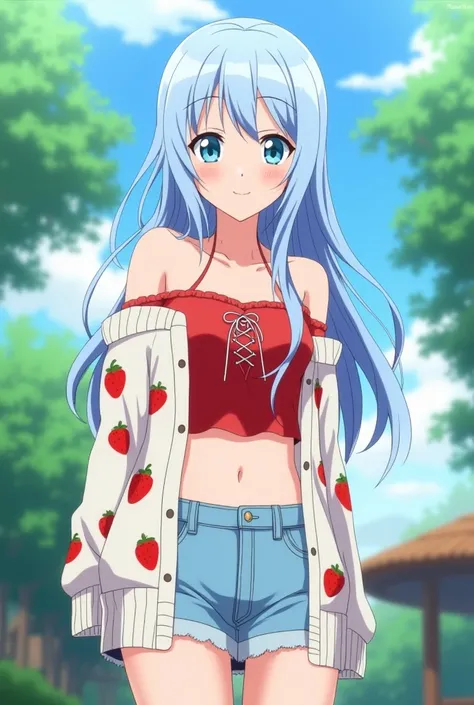 screenshot from the anime Tokyo Revengers
oc girl. Long hair with a side part, where the hair falls on the left side of the face, partially covering it, (the hair color is light blue as well as the eyes and eyelashes)

Top: A red crop top with off the shou...