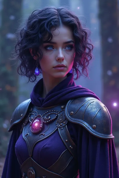 A Sorceress of Light, With violet eyes and an enigmatic look. With magician's clothing and hunter's armor. With short hair curlers. Showing Your Divine Connection to the Universe. Predominant color Galaxy 