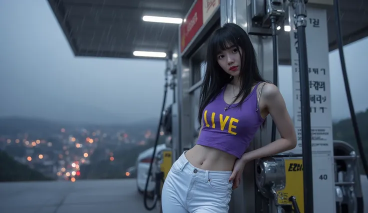 Portrait of a  unexpressive Korean woman, she has straight black hair, long hair, blunt bangs , she's wearing  white tight jeans and purple top tank shirt with "IVE" printed in yellow, exposing her navel,  she's posing totally relaxed for the camera with h...