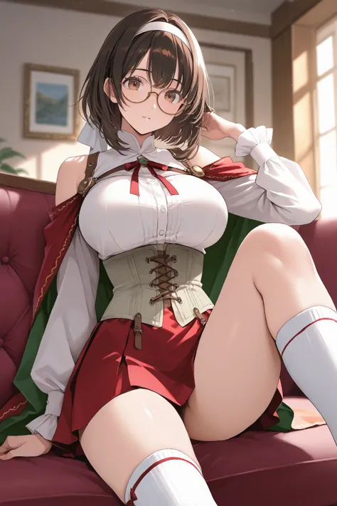 １woman　24 years old　 living room sofa　chiffon bob 　　 black brown hair　 white headband　 round frame glasses with small strap　 brown eyes　Big Breasts　white shoulder cape　grey corset　red and green short tie　White long sleeve blouse　 red mini skirt　 white knee...