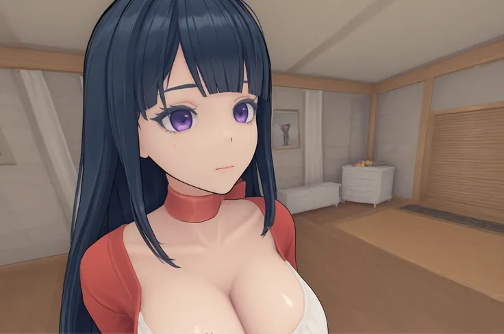 1girl, long hair, black hair, straight bangs, purple eyes, big breasts