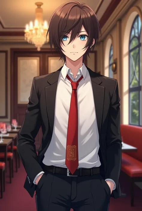 Anime boy who is seventeen years old with brown hair with bangs and black locks and slanted eyes blue eye color his light skin tone shy expression wears a white shirt a slightly loose red tie a black jacket and black shorts Elegant restaurant background