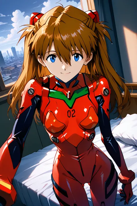 asuka_langley,1 female,solo,looking at the scenery,smile,
I_,wet brown hair,viewer,blue eyes,long hair,hair between the eyes,beautiful eyes,more detailed hair,
red plug suit,red bodysuit,pilot suit,
portrait,background,day,cloudy,city,face_concentration,c...