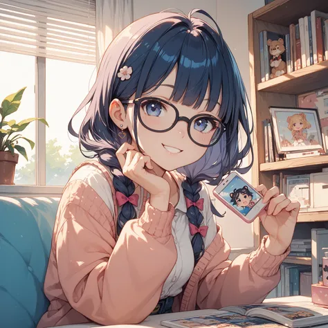 Wearing glasses　 cute smile 　Solo otaku room　I'm watching TV