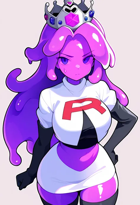 masterpiece, best quality, 1girl, solo, looking at viewer, queenslime, long hair, crown, colored skin, slime girl, large breasts, curvy, purple hair, team rocket,team rocket uniform,white skirt,red letter R,crop top,black thigh-highs,black elbow gloves, co...