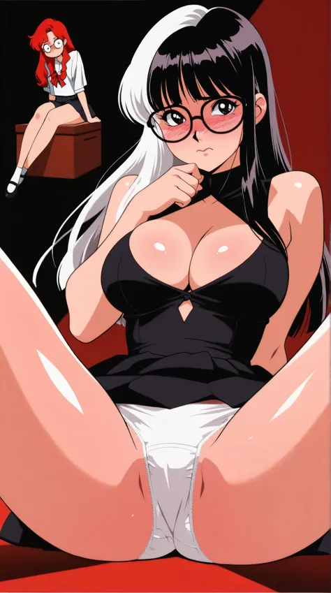 best quality, illustrator anime, A beautiful korean goth girl with glasses, dark mood,  black hair, red hair, white hair, nerdy, cute, shy, perfect breasts, cleavage, schoolgirl, shiny skin, heavy blushing, legs spread, white panties, sitting, sexy pose, d...