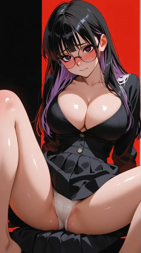 best quality, illustrator anime, A beautiful korean goth girl with glasses, dark mood, (red, white, and black hair), colored hair, nerdy, cute, shy, perfect breasts, cleavage, schoolgirl, shiny skin, heavy blushing, legs spread, white panties, sitting, sex...