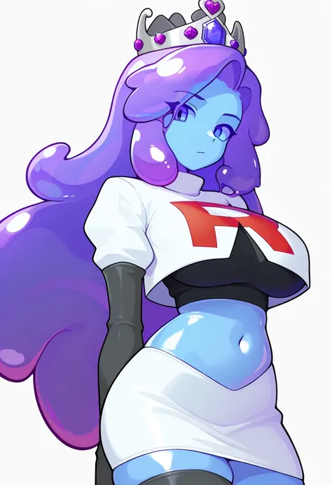 masterpiece, best quality, 1girl, solo, looking at viewer, queenslime, long hair, crown, colored skin, slime girl, large breasts, curvy, purple hair, team rocket,team rocket uniform,white skirt,red letter R,crop top,black thigh-highs,black elbow gloves, co...