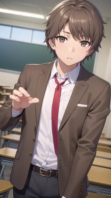 sakutaazusagawa, sakuta azusagawa, short hair, brown hair, (brown eyes:1.5), male focus,
BREAK shirt, long sleeves, school uniform, jacket, white shirt, open clothes, necktie, belt, pants, blazer, red necktie, brown jacket,
BREAK indoors, classroom,
BREAK ...